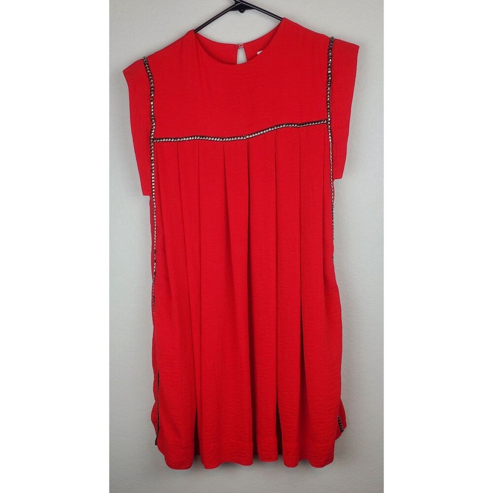 SABINA MUSAYEV Women's XS Luby Pleated Red Shift Dress Tunic Beading Pockets